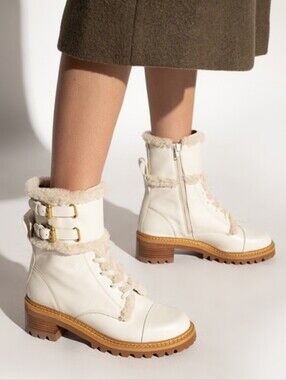 See By Chloe Cream Lace-Up Shearling-Trim Boots with Tan Lug Sole